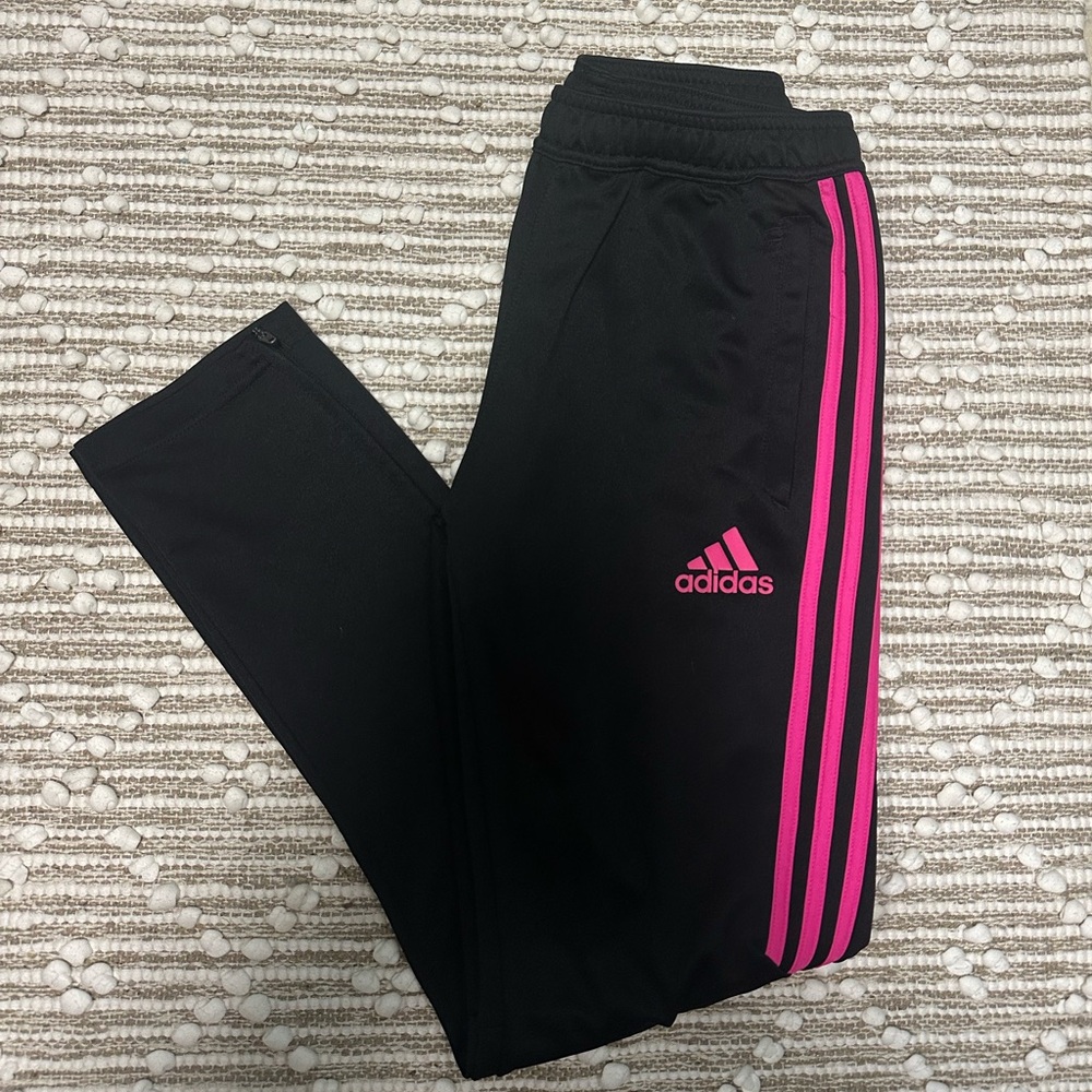 Adidas Kids Black Joggers with Pink Stripes